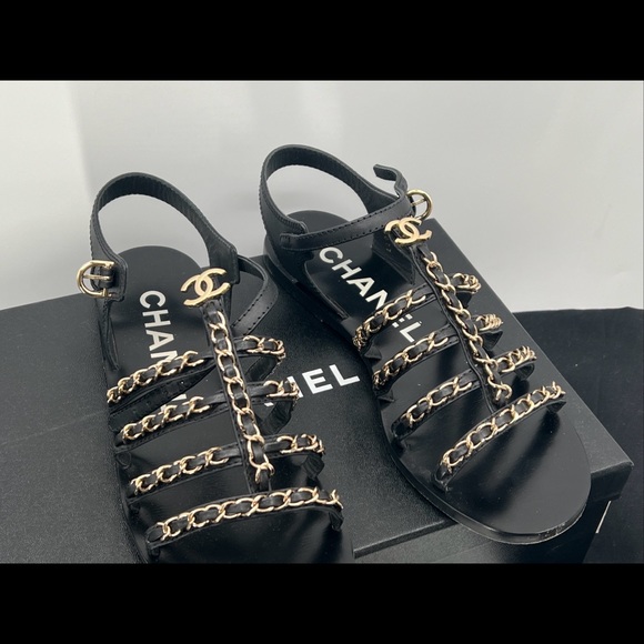 CHANEL 2023 interlocking CC logo gladiator open toe black sandals size 38 w/box - Picture 3 of 16